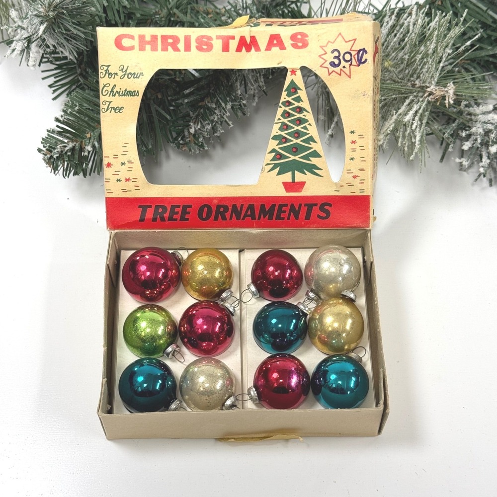 Vintage Miniature Glass Christmas Tree Ornaments Multi Color Box of 12